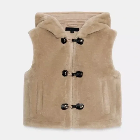 ZARA Tan Faux Shearling Fur Hooded Vest NWT - Picture 9 of 15